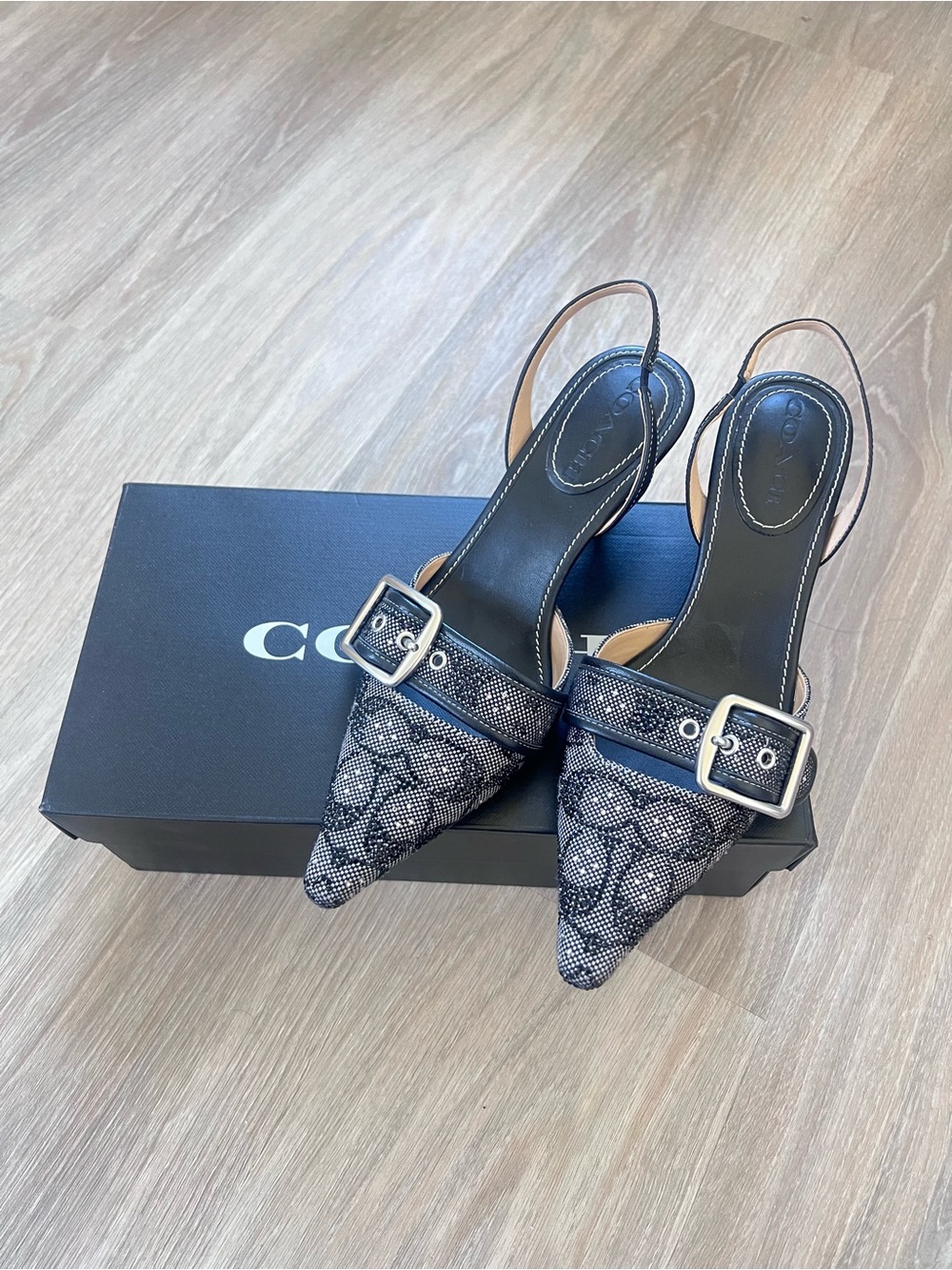 Coach Black Crystal Significant Jacquard Margot Slingback Heels - Picture 5 of 6